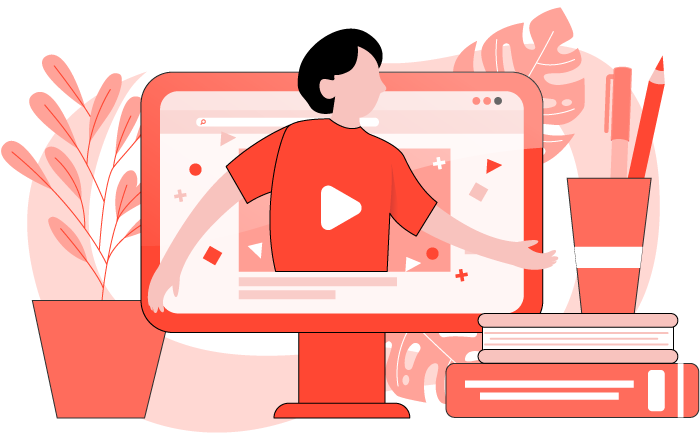 Exklusives Expertenvideo jetzt kostenlos freischalten Illustration - Person kommt aus Video auf einem Computerbildschirm. Im Hintergrund sind Planzen, Bücher und Stifte.